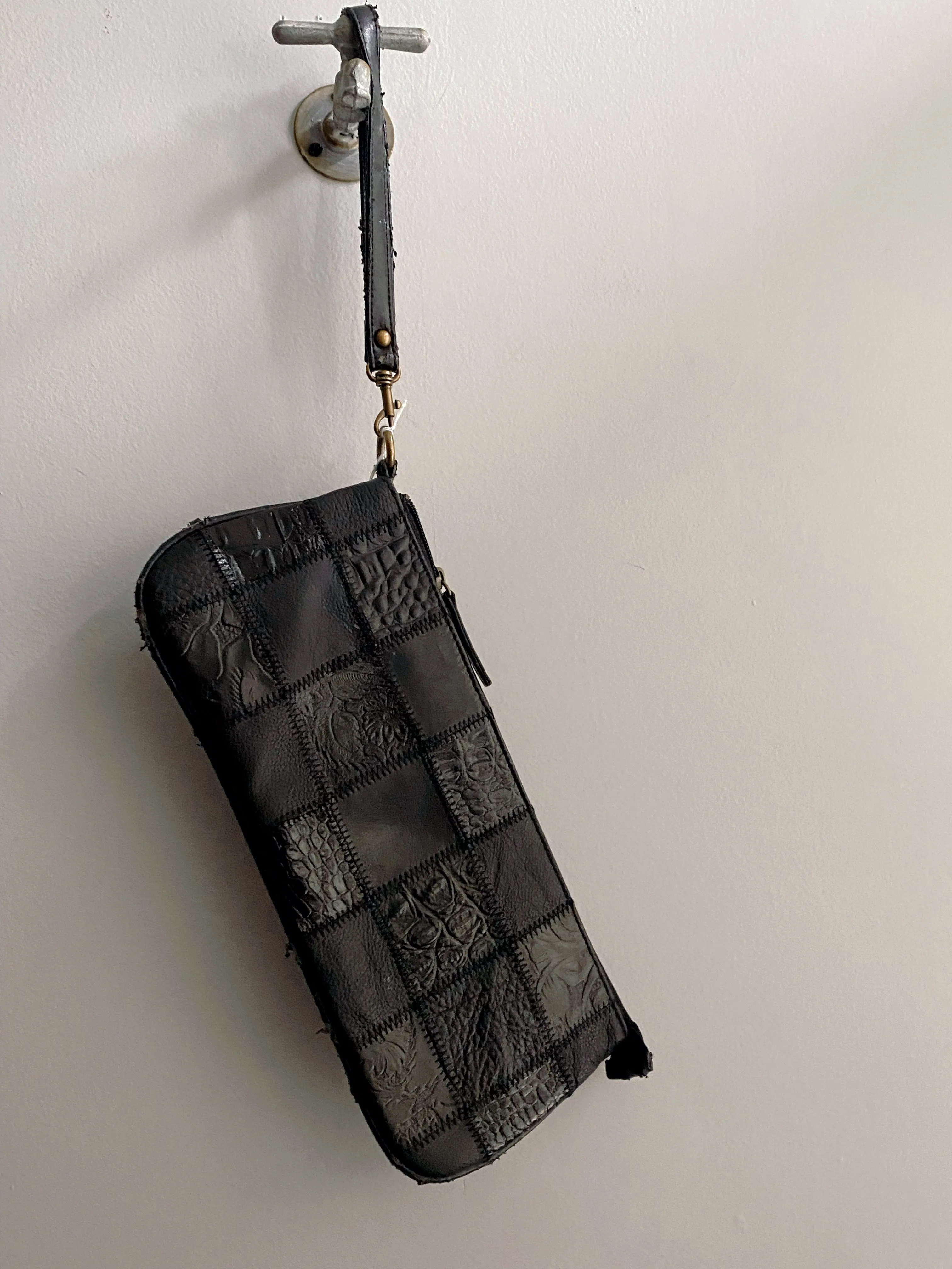 Black Leather Patchwork Clutch/Wristlet
