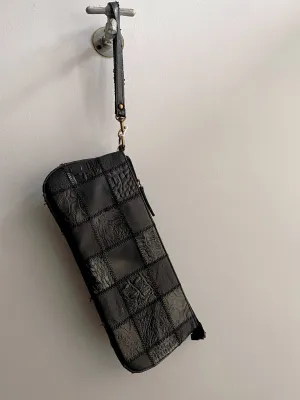Black Leather Patchwork Clutch/Wristlet