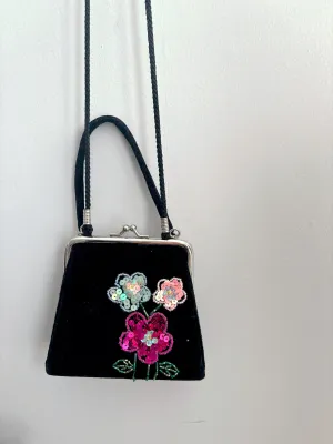 Black Velvet Sequin Flower Crossbody Purse