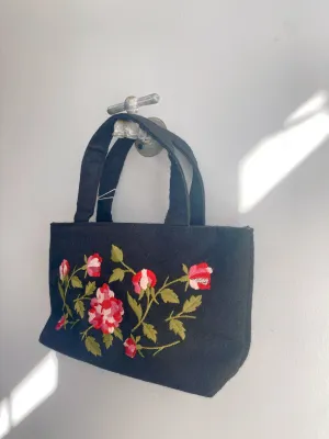 Black Vintage Embroidered Pink Roses  Purse