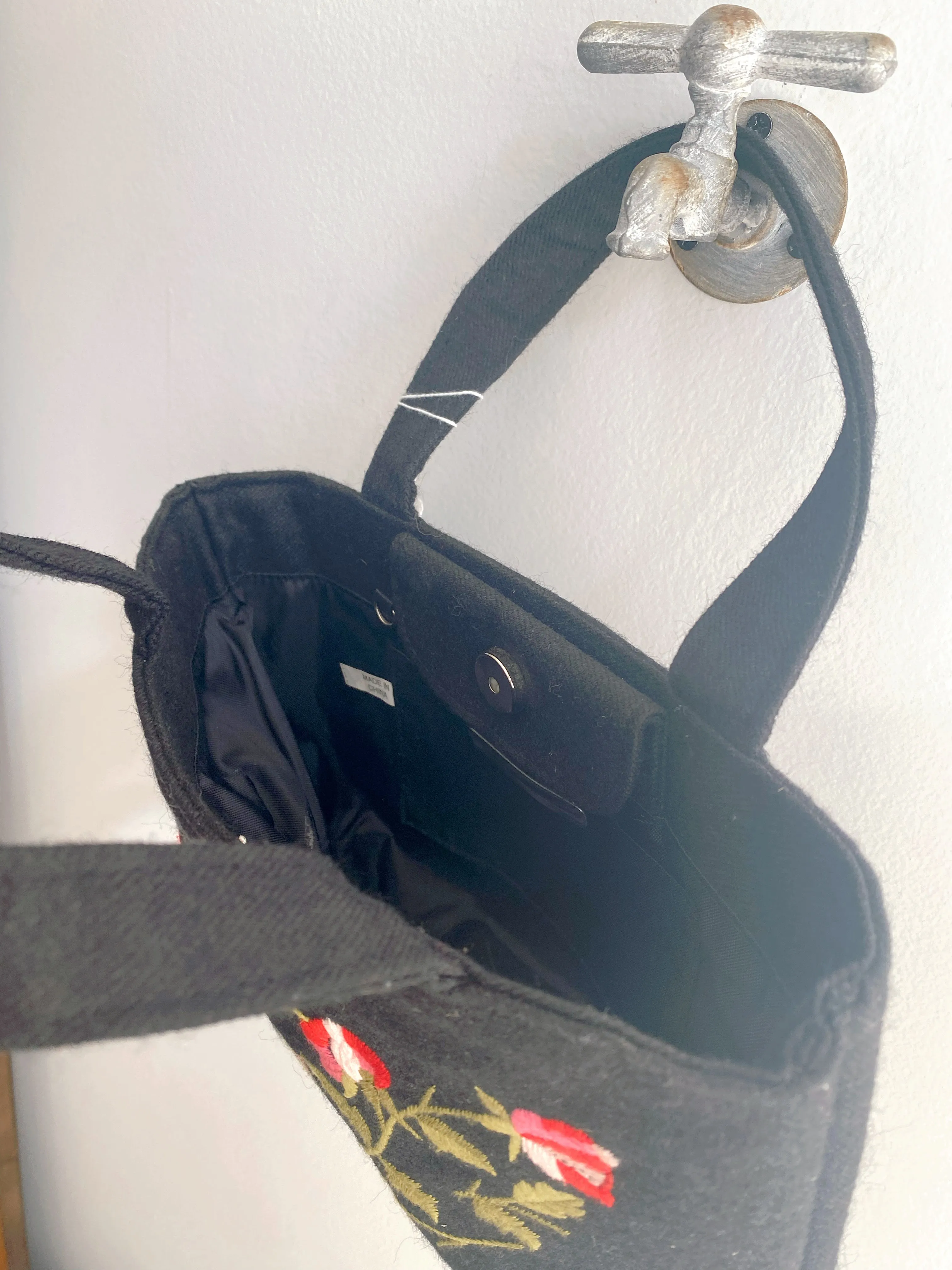 Black Vintage Embroidered Pink Roses  Purse