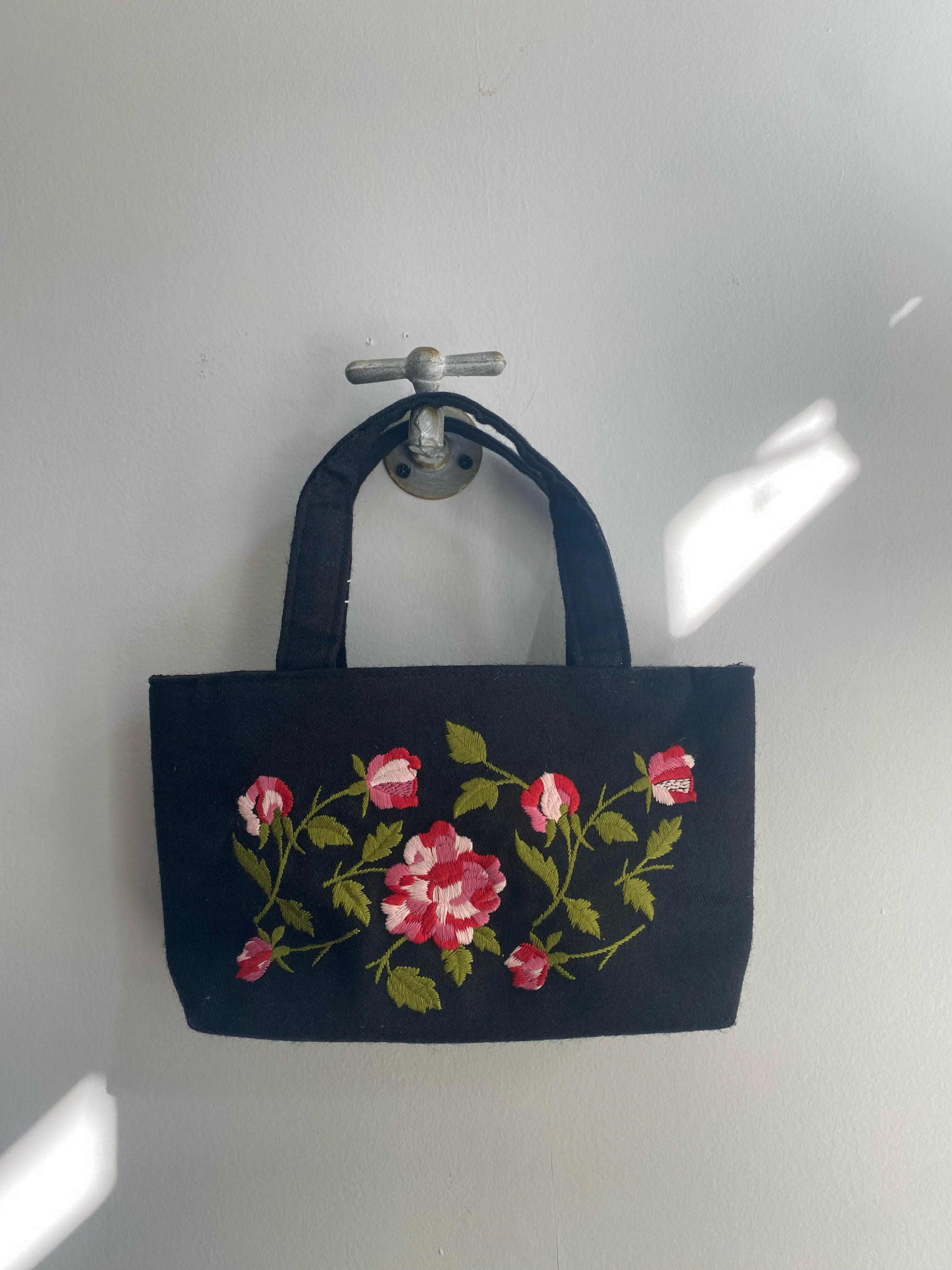 Black Vintage Embroidered Pink Roses  Purse
