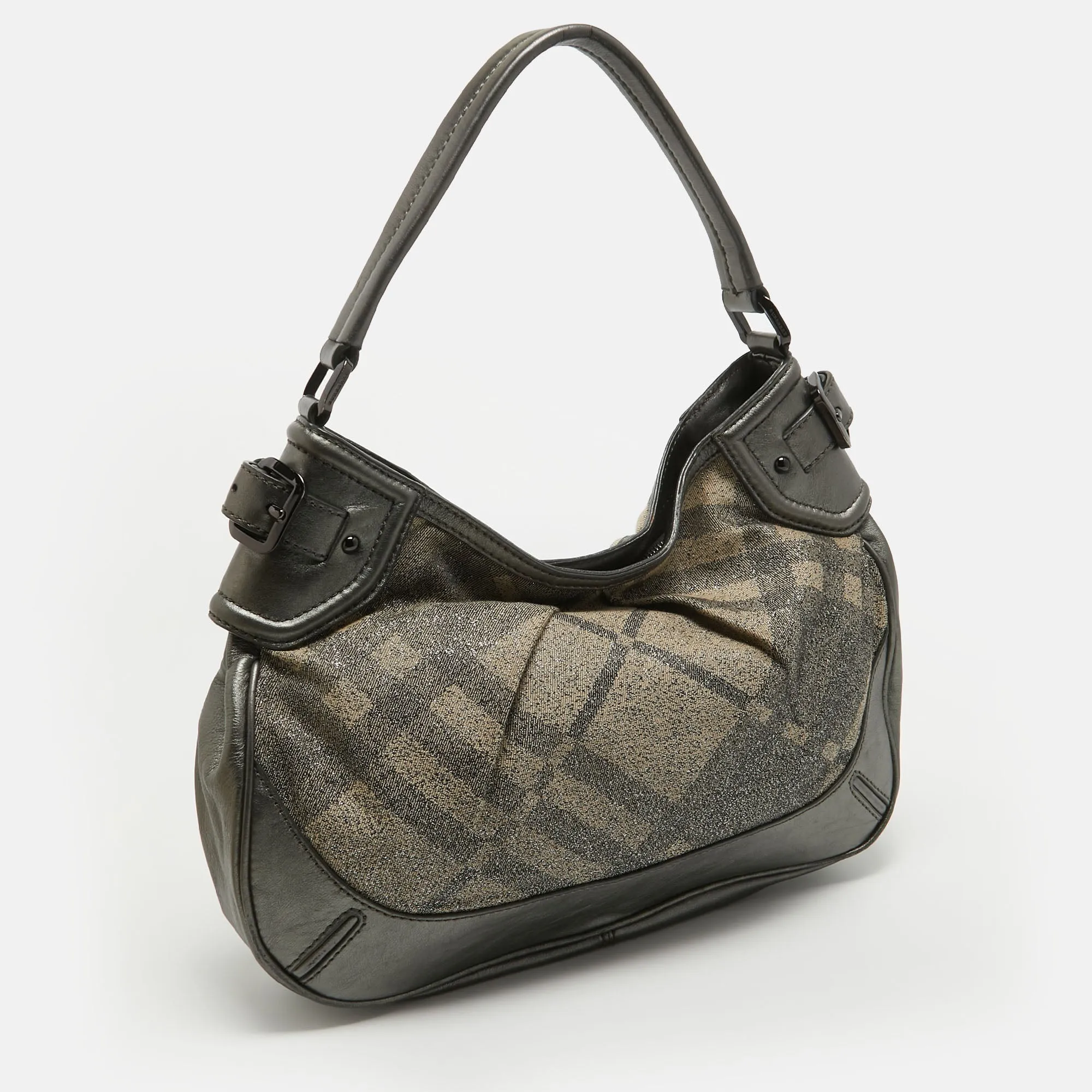 BURBERRY Grey Nova Check Lurex and Leather Fairby Hobo