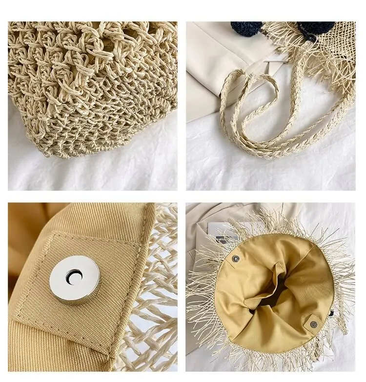Hat Shape Straw Bucket Handbags with Pom Pom-Showtown