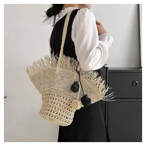 Hat Shape Straw Bucket Handbags with Pom Pom-Showtown