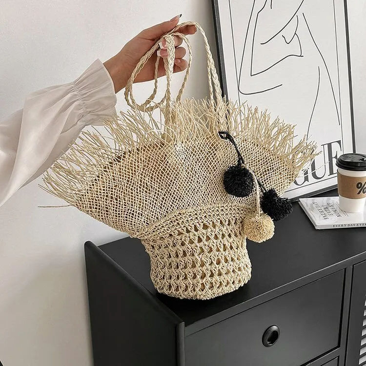 Hat Shape Straw Bucket Handbags with Pom Pom-Showtown