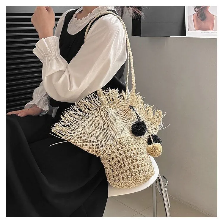Hat Shape Straw Bucket Handbags with Pom Pom-Showtown