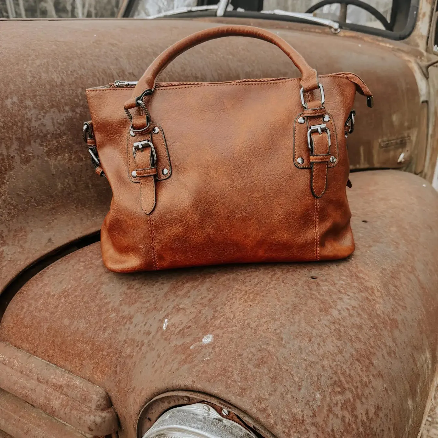 Leather Buckle Purse Tote