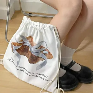 UAKISS  -  2024 New All Match Vintage Bow Print Backpack Y2k Aesthetic Drawstring Fashion Schoolbags Casual Preppy Backpacks for Students
