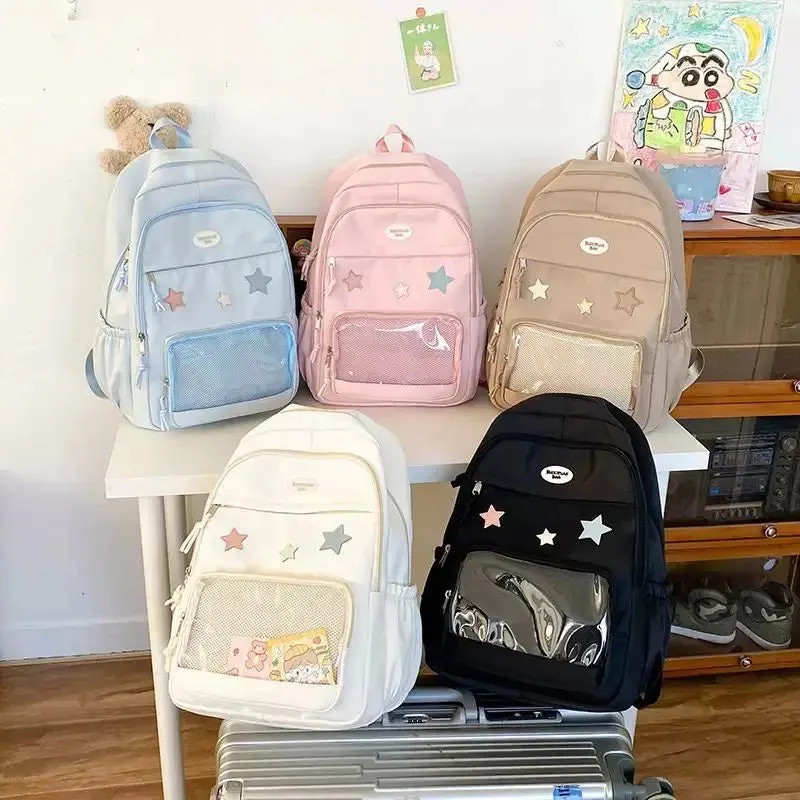 UAKISS  -  Pink Womens Backpack Cute Patchwork Transparent Fashion Backpacks Nylon Casual Large Capacity Travel Harajuku Female Bag